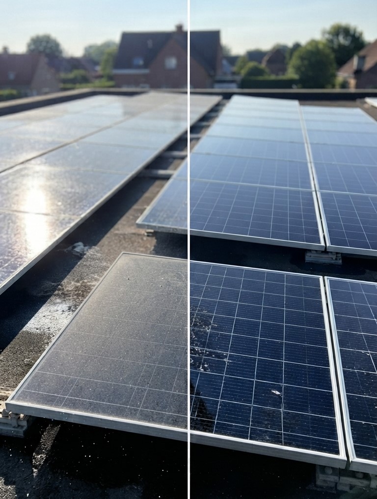 Comparatif avant/après du nettoyage d'une installation de panneaux solaires par Luzio