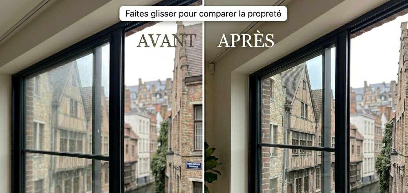 Comparatif avant/après du nettoyage d'une baie vitrée par Luzio