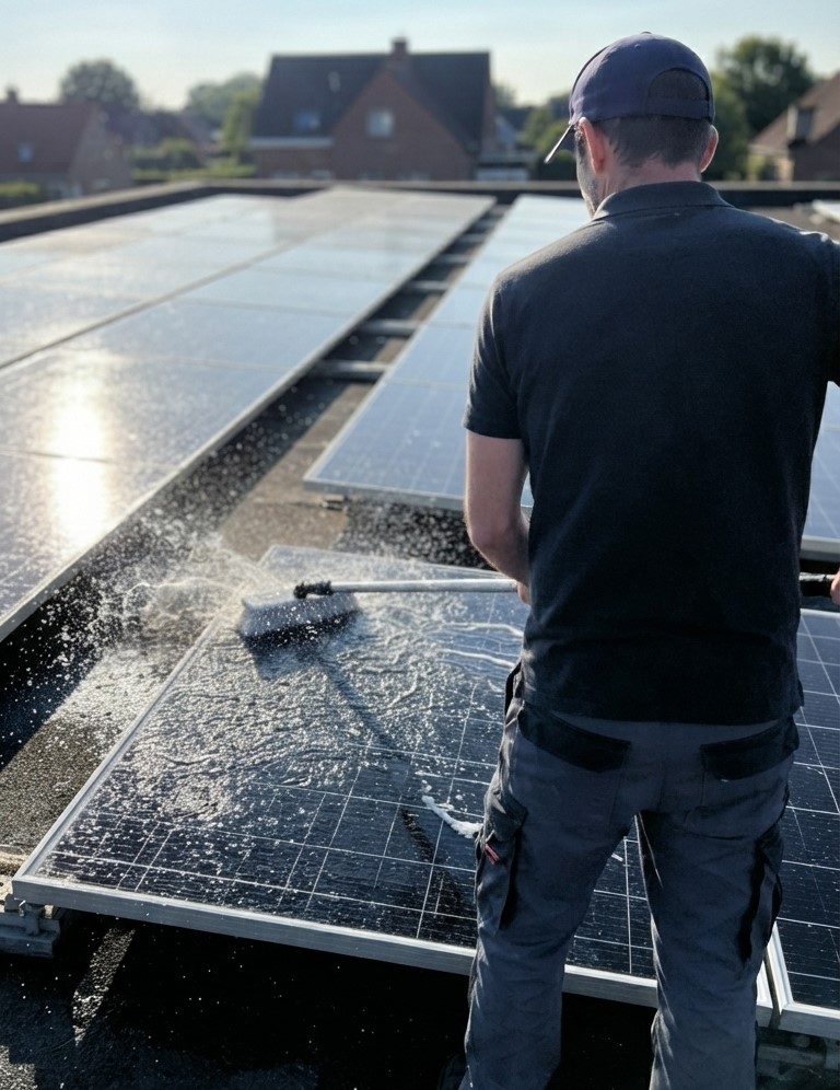 Luzio nettoyant des panneaux solaires en toiture à la brosse et à l'eau déminéralisée